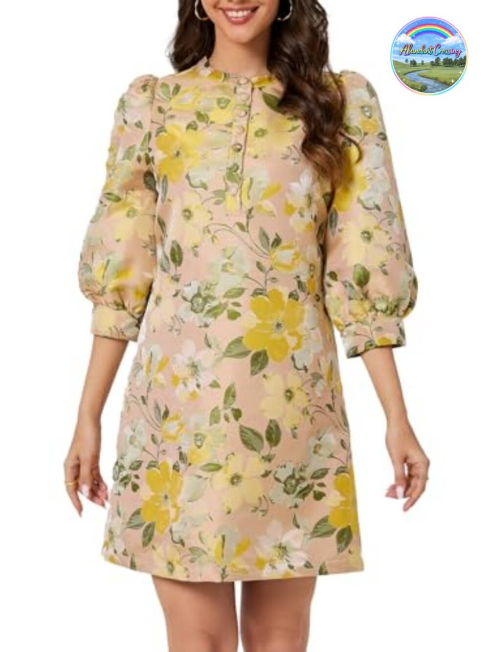 Ladyful Floral Jacquard Shift Dress Cocktail Mini 3/4 Sleeve Button Front